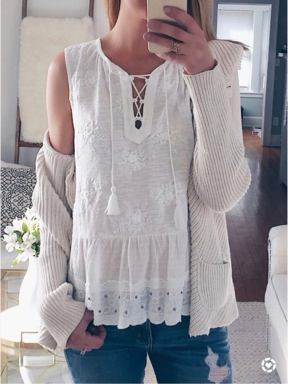 Lucky Brand White Lace boho bohemian Tie-Front Sleeveless peplum studded shirt L